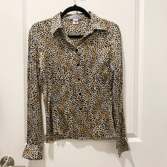 Stretchy Silk Animal/Cheetah/Leopard Print Button Down Blouse - Picture 1 of 8